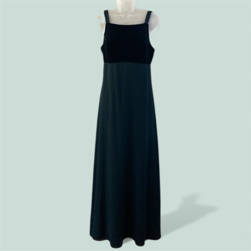 EUC Vintage Rhapsody Emerald Green Velvet Chiffon Square Neck Maxi Dress